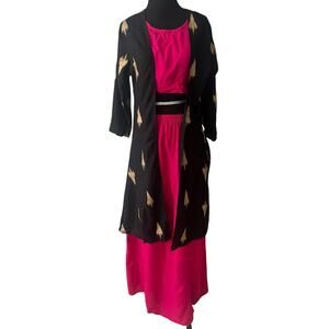 Choli Kurta Skirt Ethnic Jacket Set Pink Black Gold and pink 3 piece Size Large